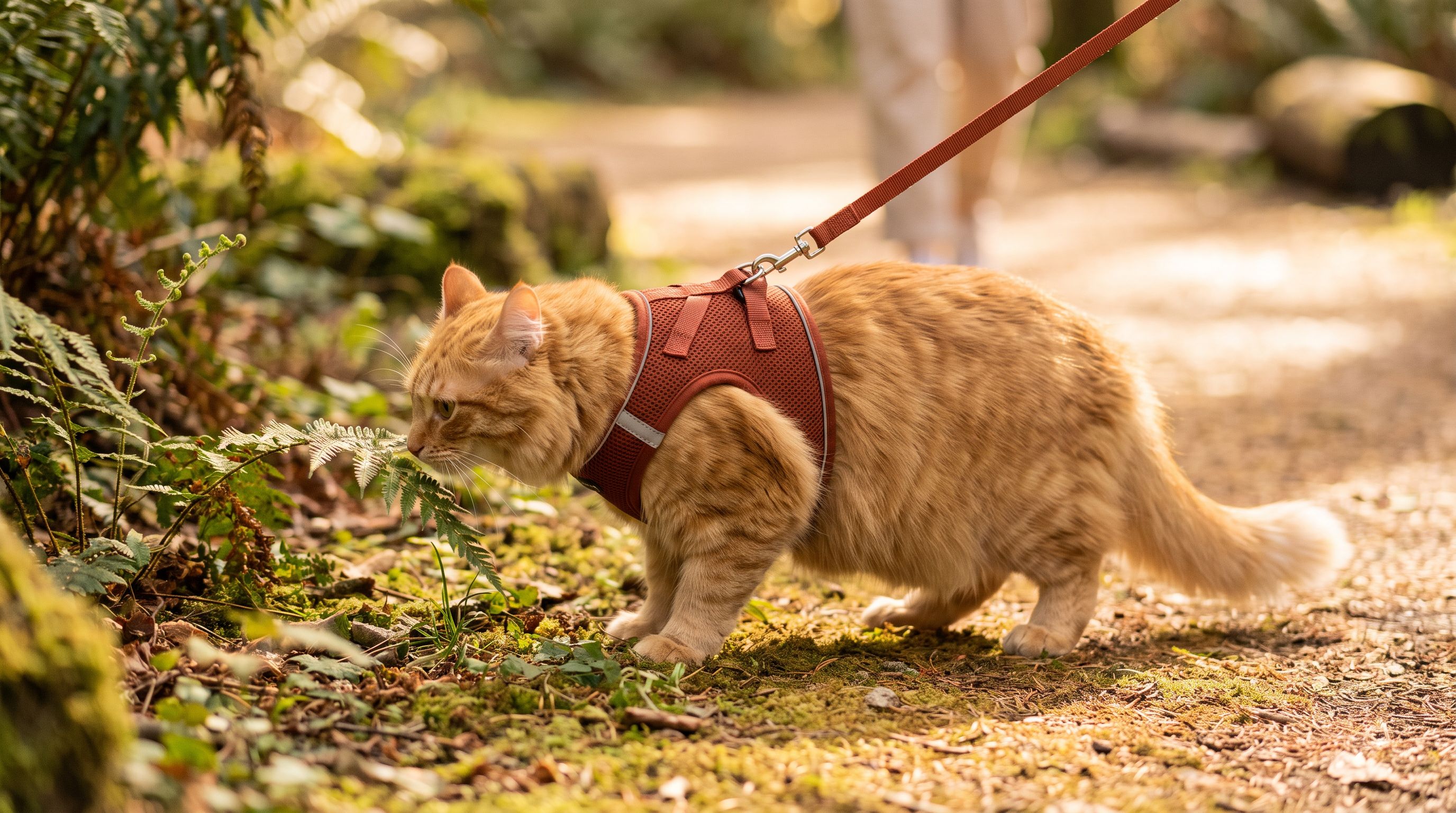 Un chat en exploration extérieure portant un harnais Harnais Chat